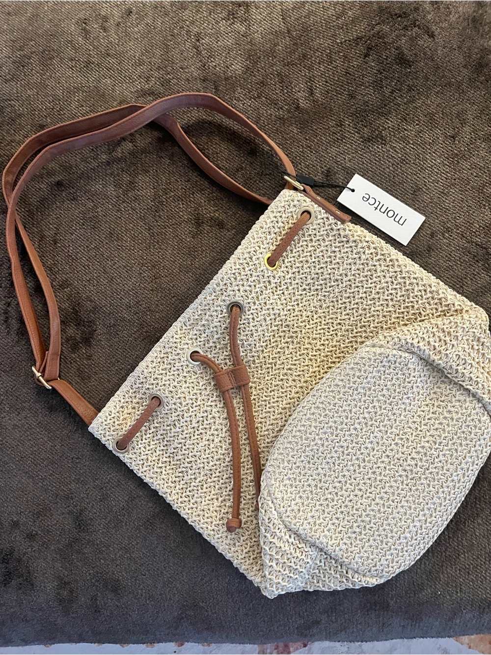 Montce Natural Woven Shoulder Bag with Brown Trim